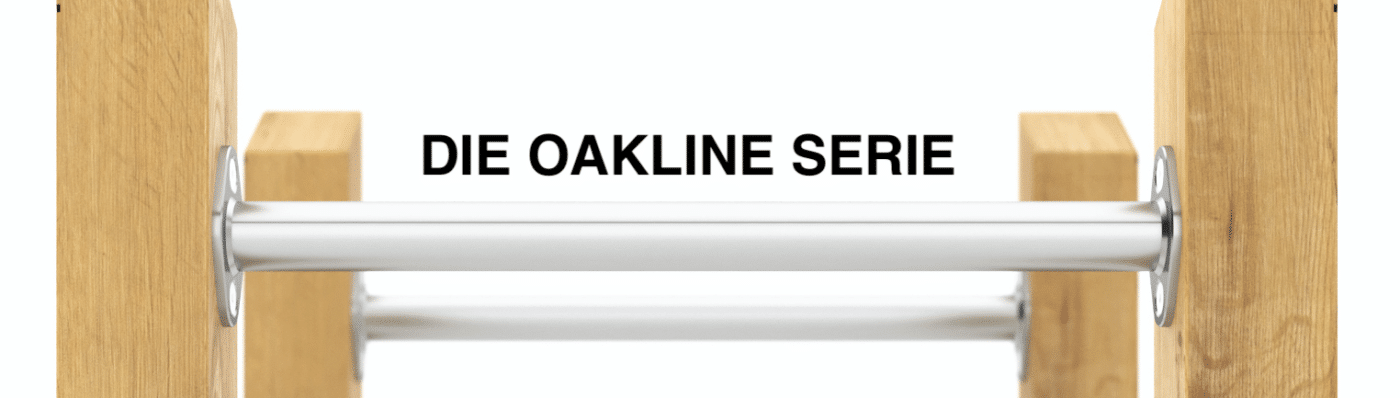 Hochwertiges Möbelstück mit Metallstangen und Eichenelementen, Teil der Oakline Serie.