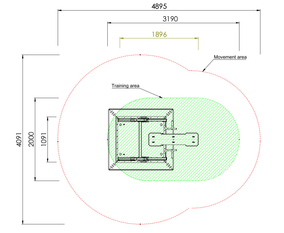 Technische Zeichnung: Trainings- und Bewegungsbereich mit zentralem Gerät, Sicherheitszonen hervorgehoben.
