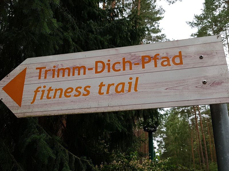 Wegweiser zum Trimm-Dich-Pfad im Wald, verleiht Fitness und Naturerlebnis.