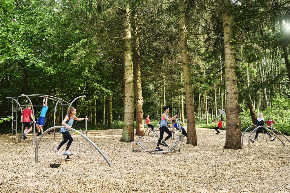 Outdoor-Fitness im Wald mit modernen Geräten und Menschen beim Training in natürlicher Umgebung.