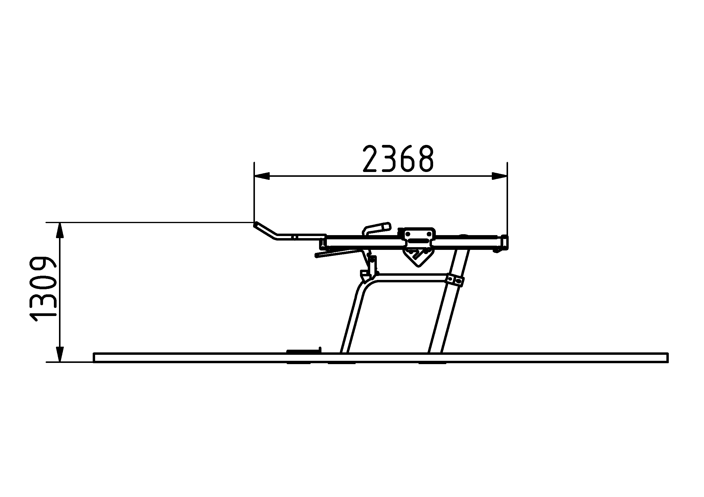 Seitenansicht eines mechanischen Geräts mit länglicher Struktur, präzisem CAD-Design und wichtigen Maßen.