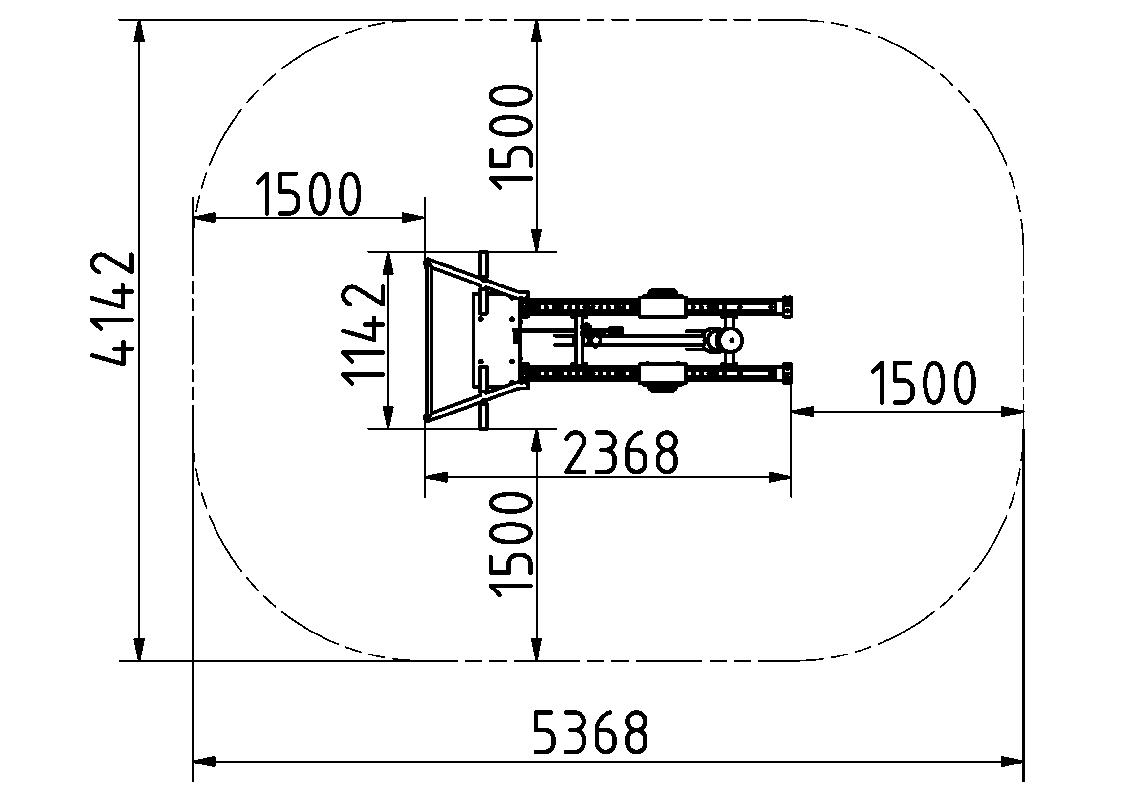 Maschinenlayout-Planansicht: Squat-Maschine mit klar definierten Abständen und technischen Maßen.